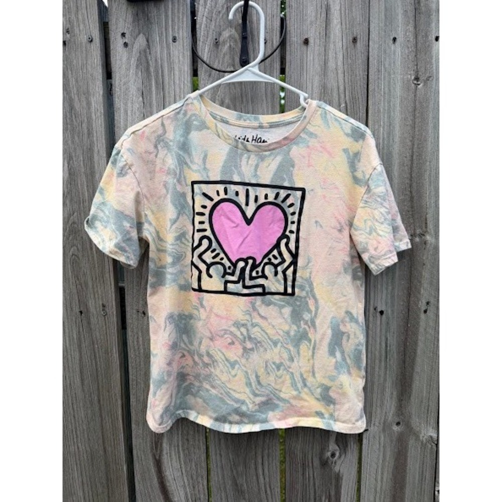 Pop Art Keith Haring Graphic T-Shirt Kids XL 14/16 Pastel Tie Dye Heart